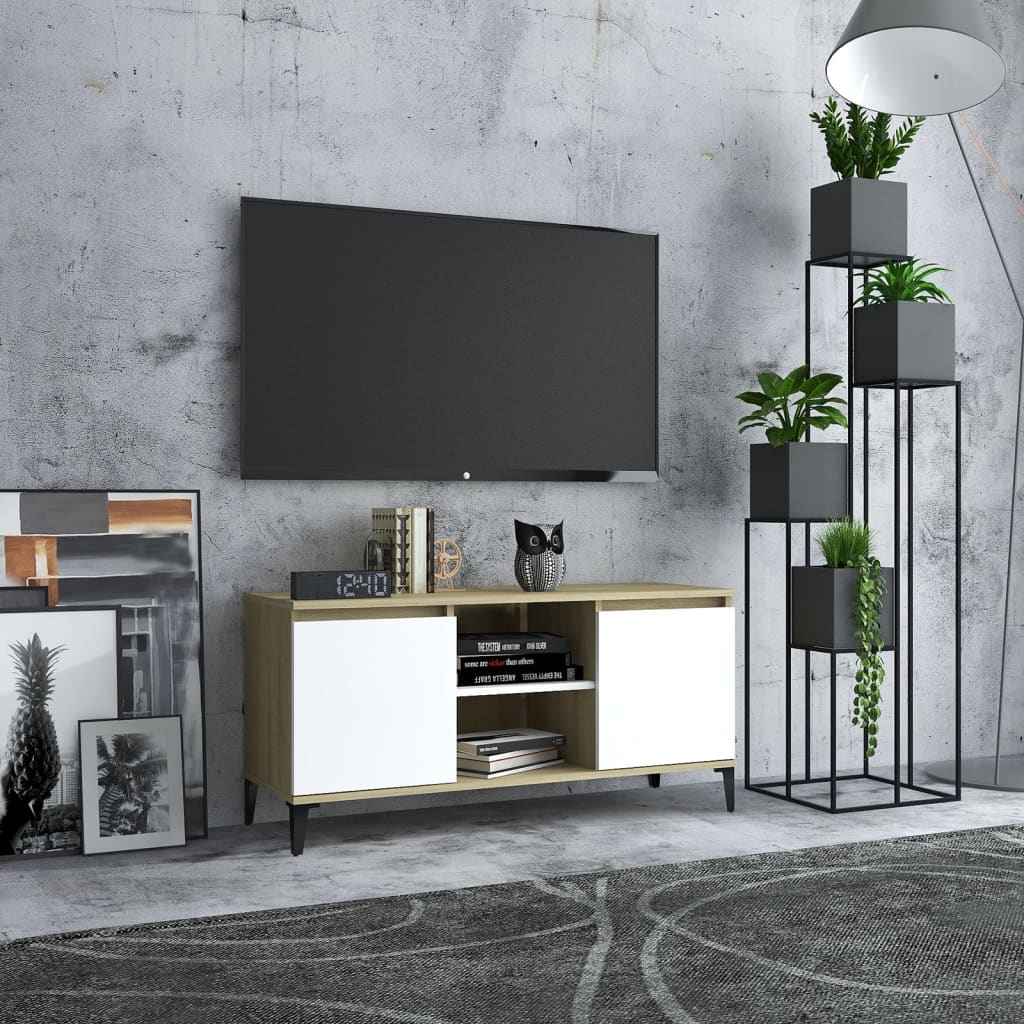 Meuble TV avec pieds en métal Blanc/chêne sonoma 103,5x35x50 cm | meublestv.fr 2