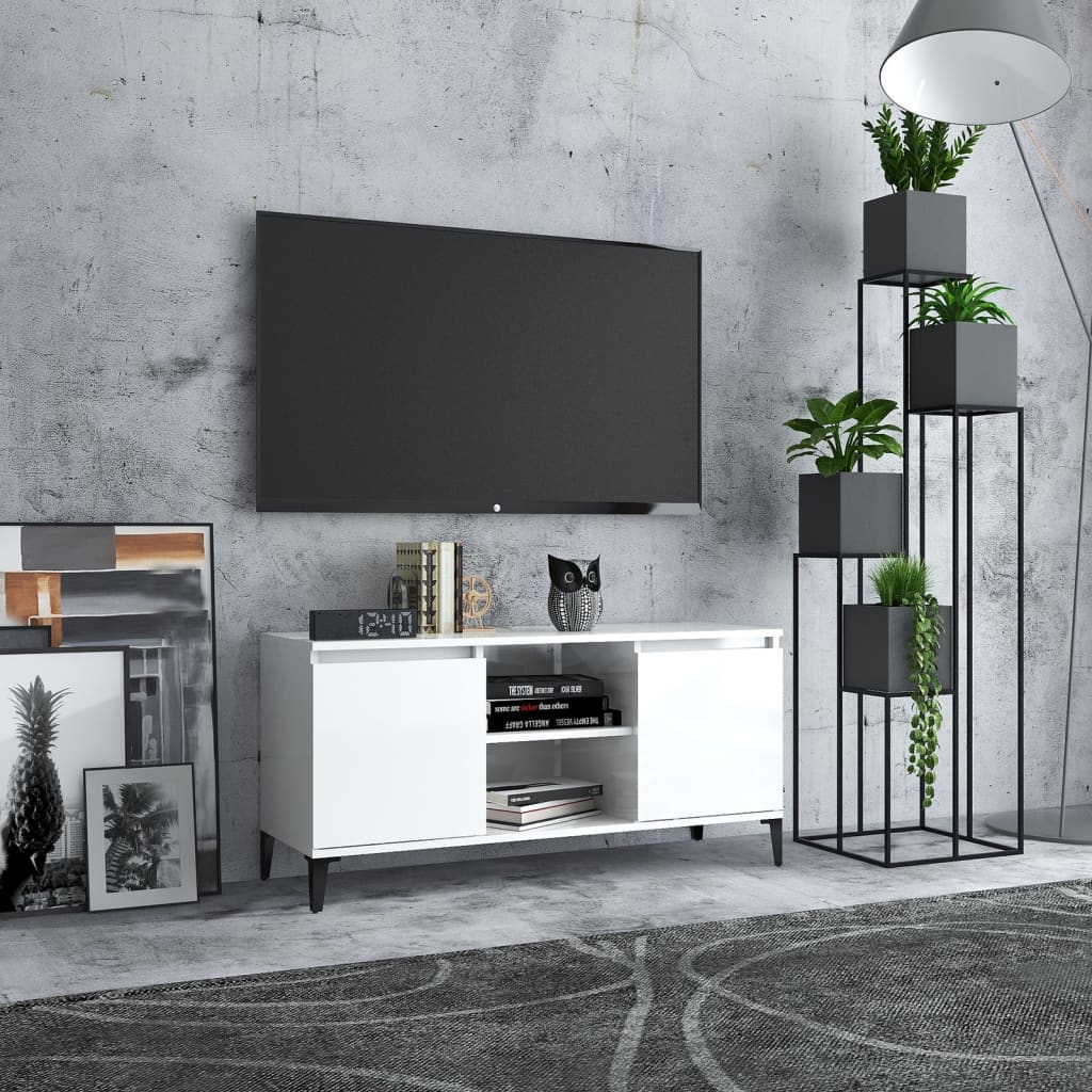 Meuble TV avec pieds en métal Blanc brillant 103,5x35x50 cm | meublestv.fr 2