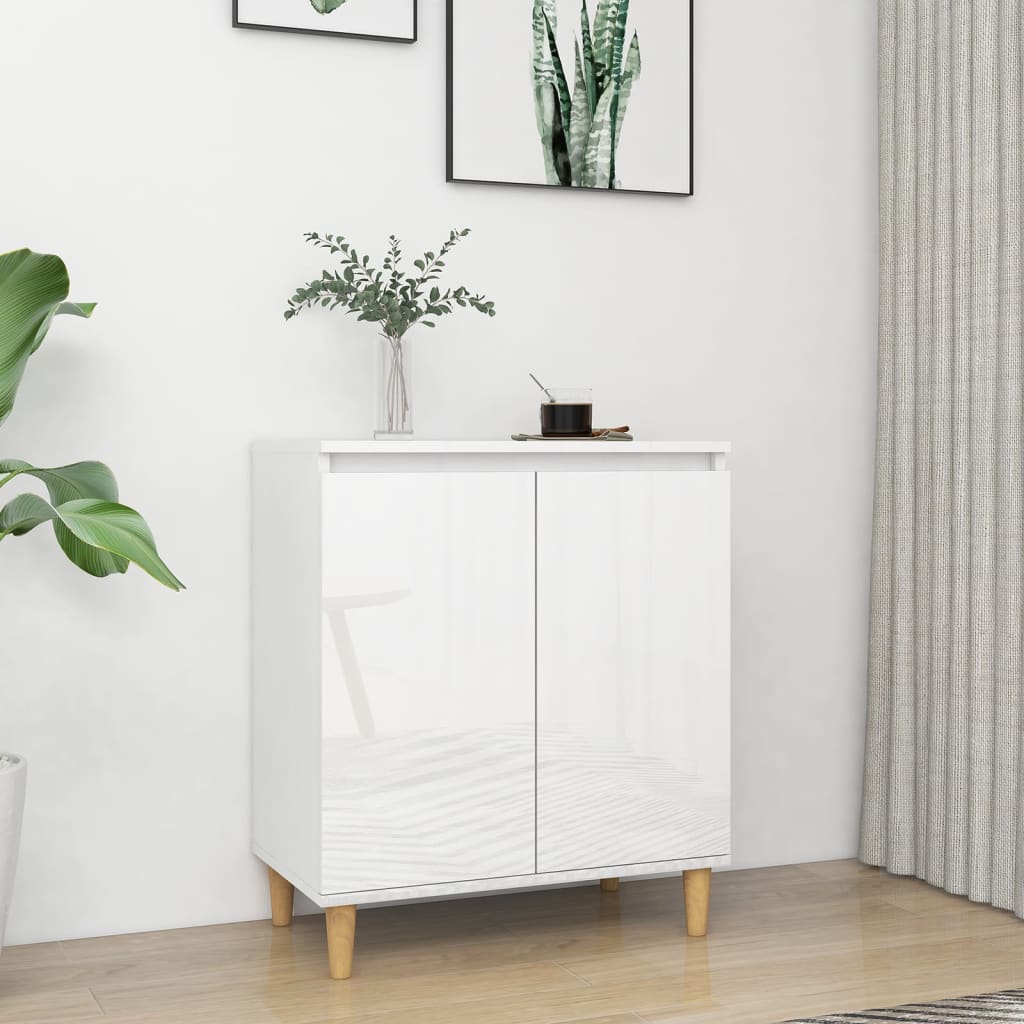 Sideboard mit Massivholz-Beinen Hochglanz-Weiß 60x35x70 cm