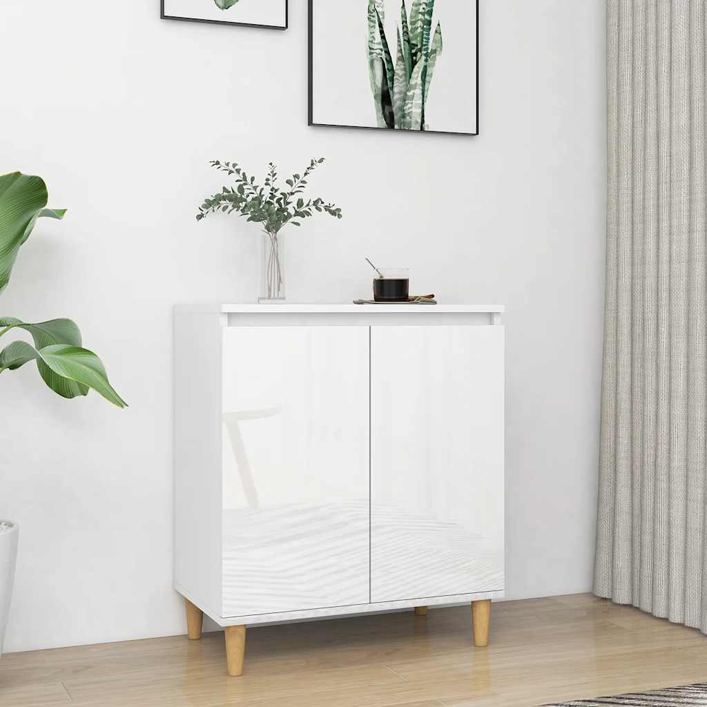 vidaXL Sideboard mit Massivholz-Beinen Hochglanz-Weiß 60x35x70 cm