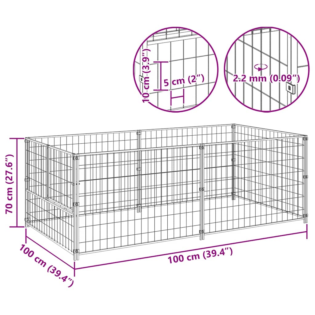 suņu voljērs, sudraba krāsā, 200x100x70 cm, tērauds