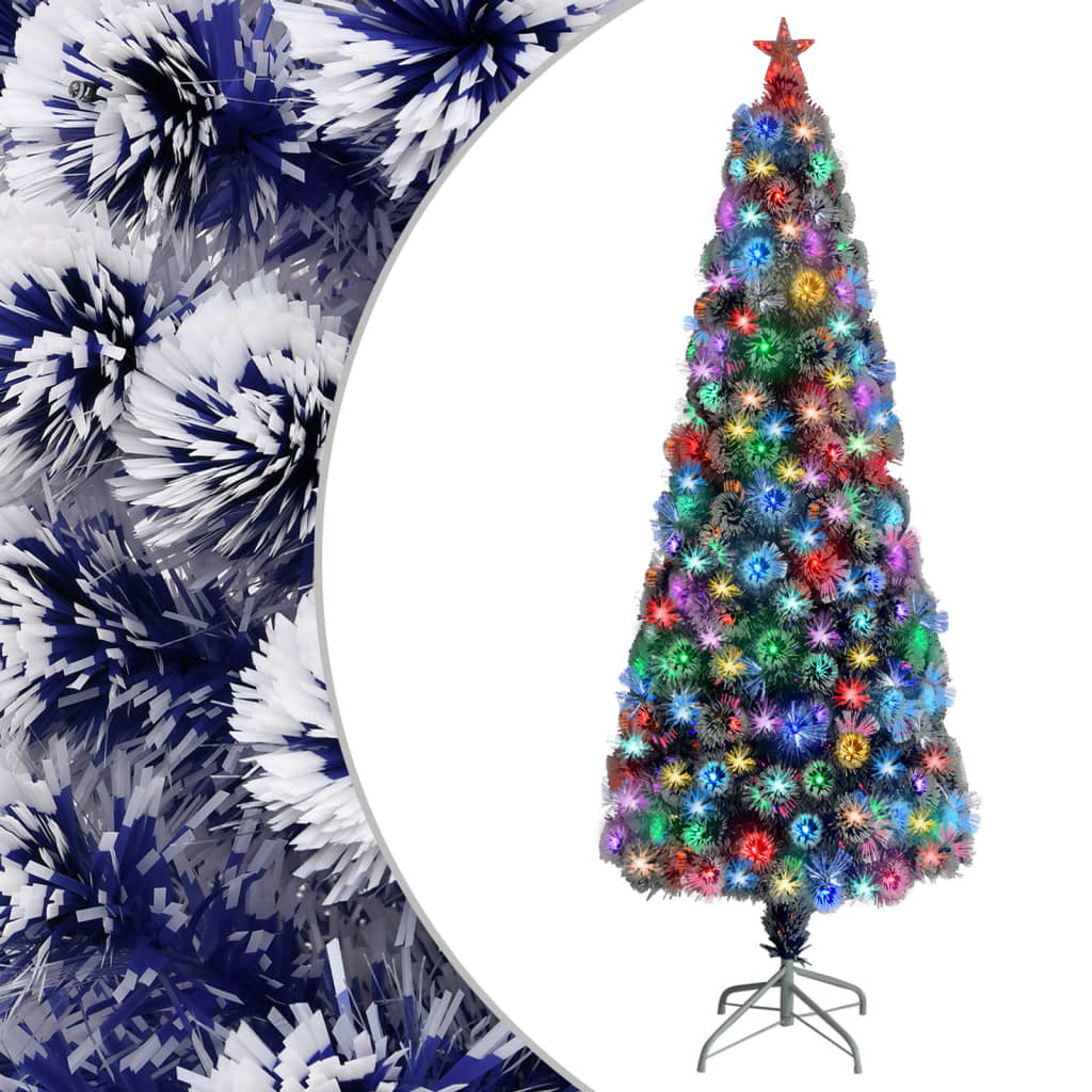 Umělý vánoční stromek s LED bílý a modrý 210 cm optické vlákno