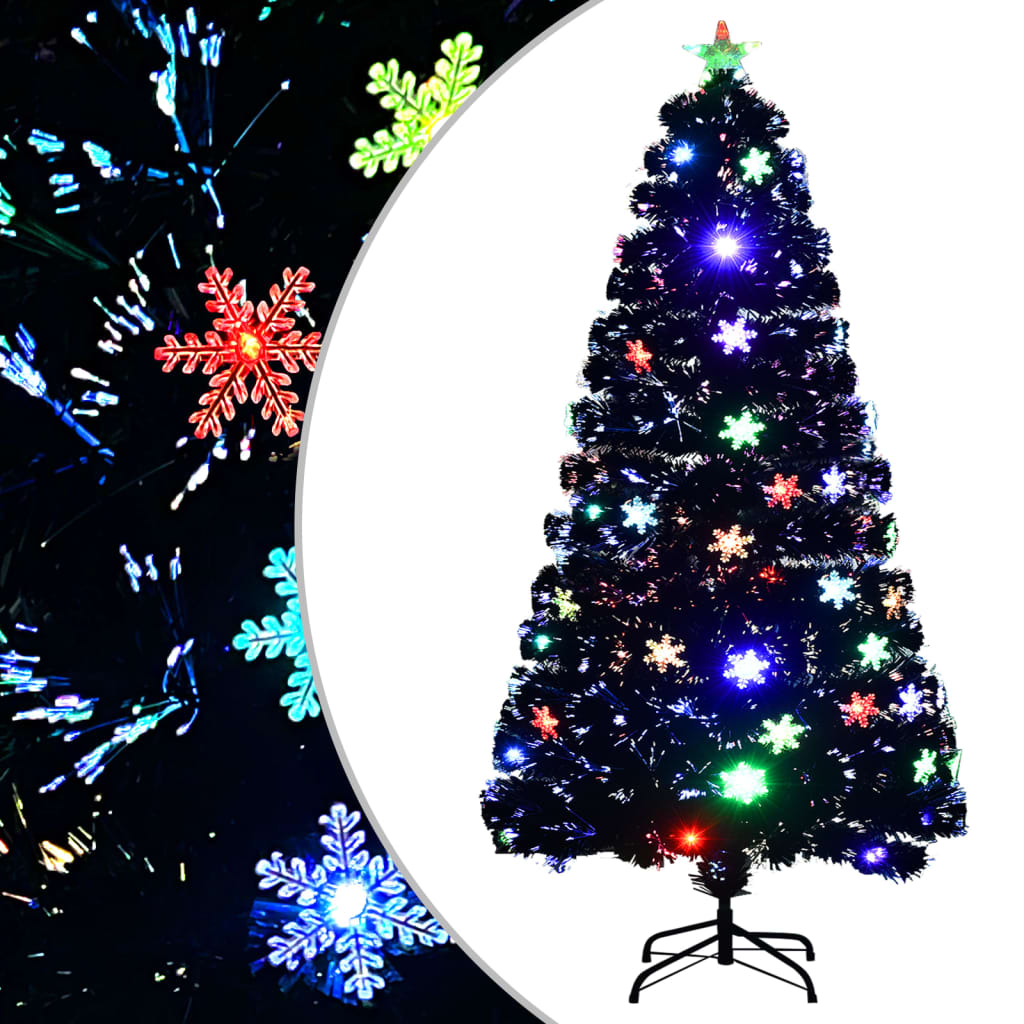 Vánoční strom s LED vločkami černý 120 cm optické vlákno