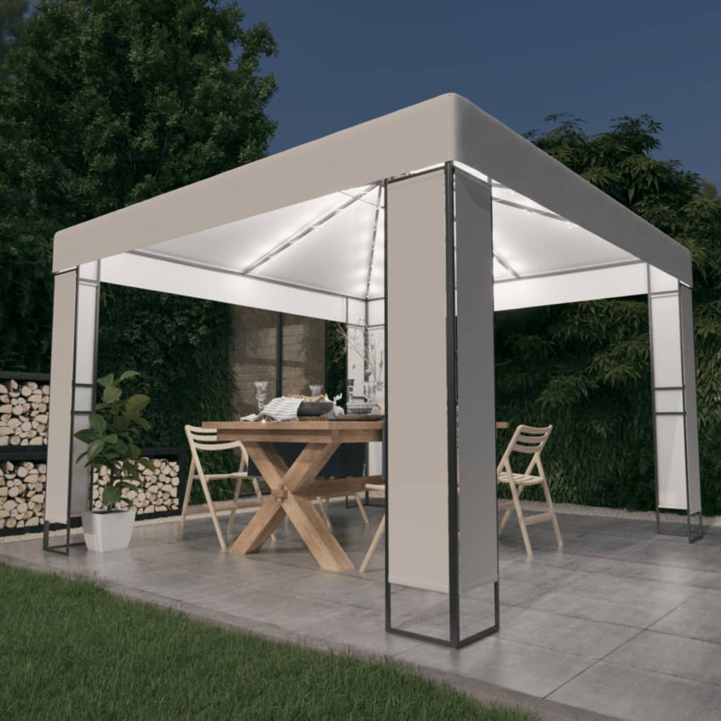 Gazebo with Double Roof&LED String Lights 3×3 m White