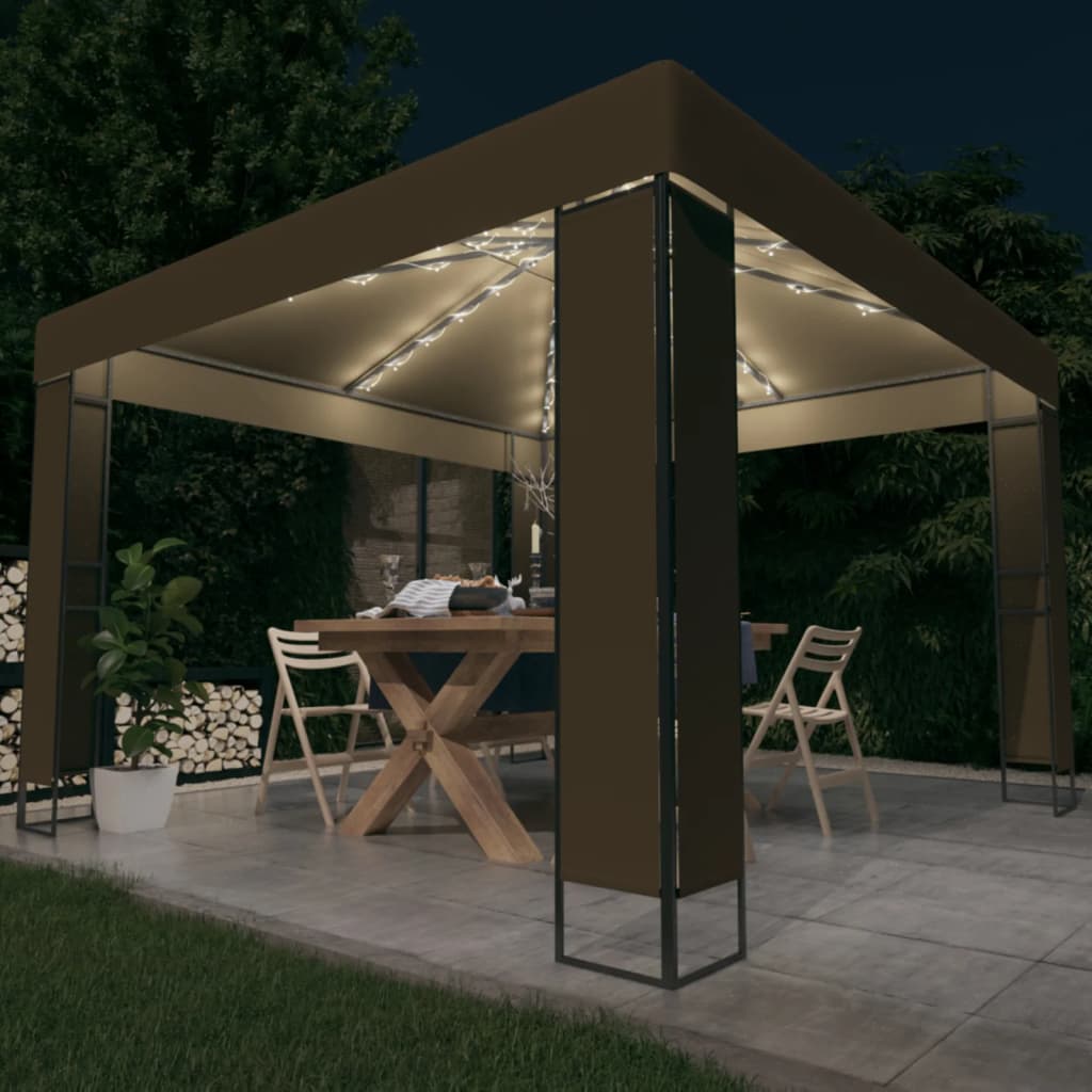 vidaXL Pavillon mit Doppeldach & LED-Lichterkette 3x3x2,7 m Taupe