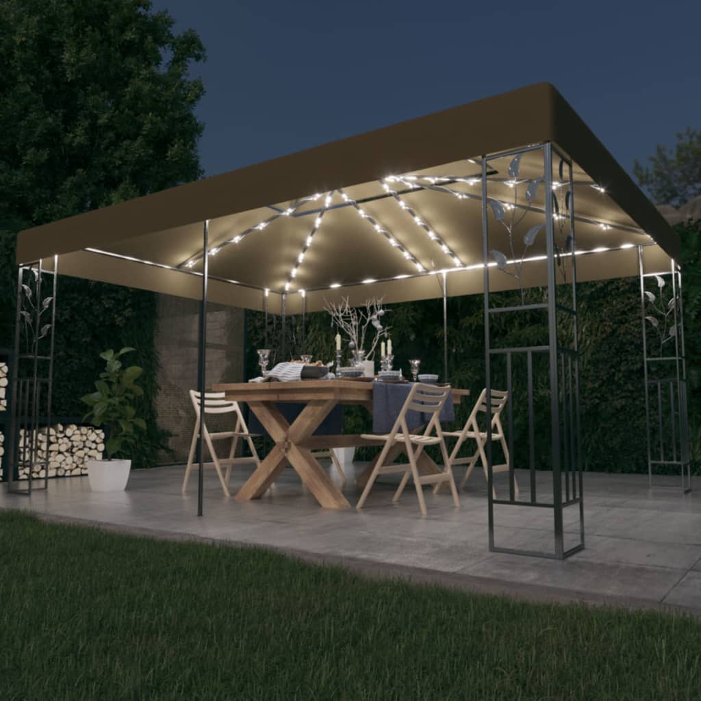 Pavillon mit Doppeldach & LED-Lichterkette 3×4 m Taupe kaufen