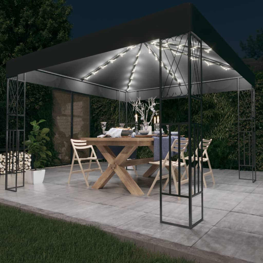 vidaXL Pavilion cu șir de lumini LED, antracit, 3×3 m, țesătură vidaXL