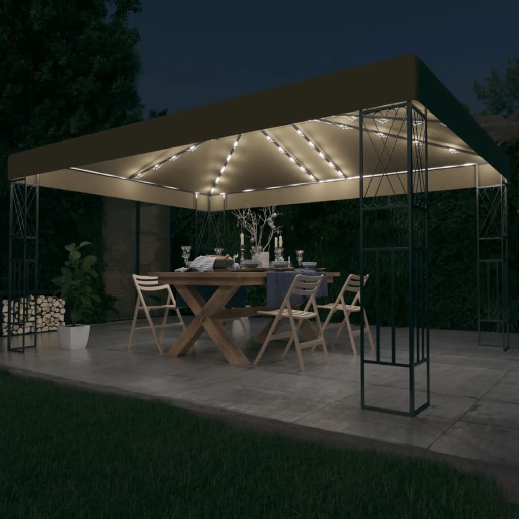 vidaXL Pavilion cu șiruri de lumini LED, gri taupe, 3×4 m, țesătură vidaxl.ro