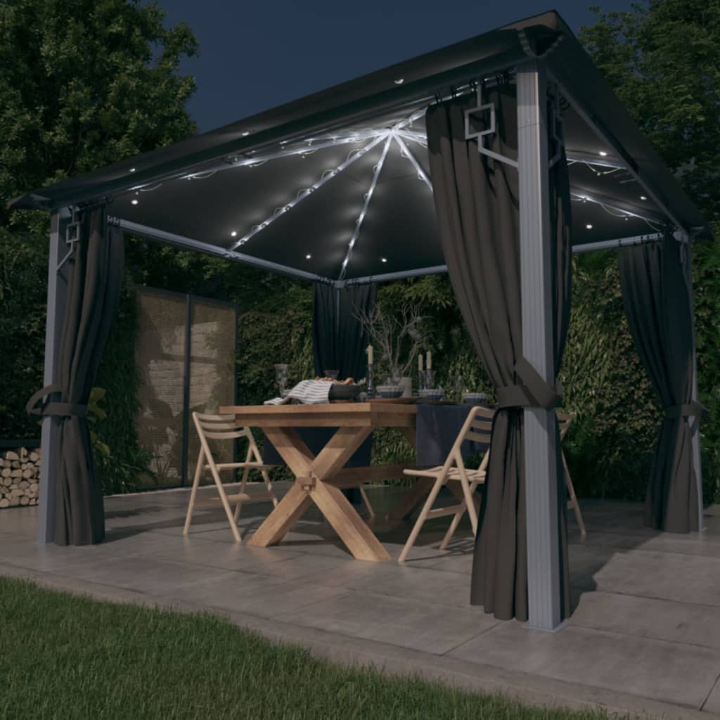 vidaXL pavillon med gardin + LED-lyskæder 300x300 cm aluminium grå