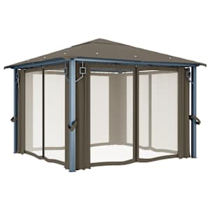Altán se závěsy a světelnými LED řetězy 3 x 3 m taupe hliník - obrázek 5