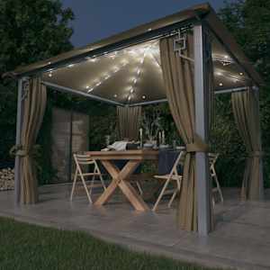 Altán se závěsy a světelnými LED řetězy 3 x 3 m taupe hliník - obrázek 1