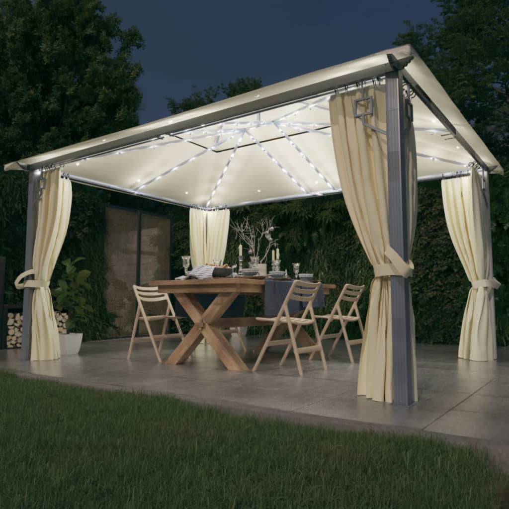 vidaXL Pavillon mit Vorhängen & LED-Lichterkette 400x300 cm Creme Alu