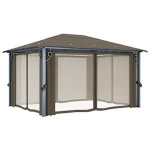 Altán se závěsy a světelnými LED řetězy 4 x 3 m taupe hliník - obrázek 7