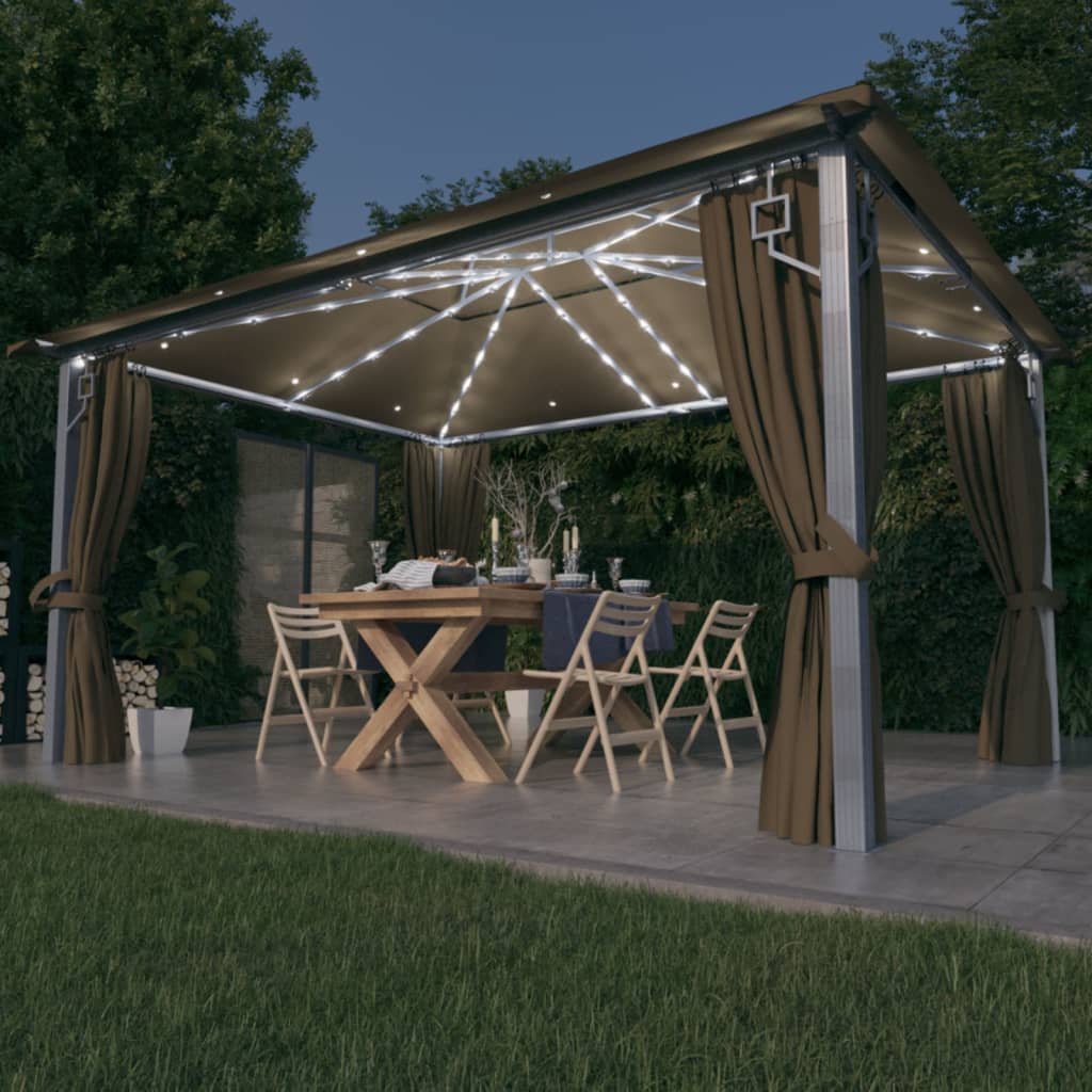 vidaXL pavillon med gardin + LED-lyskæde 400x300 cm aluminium gråbrun