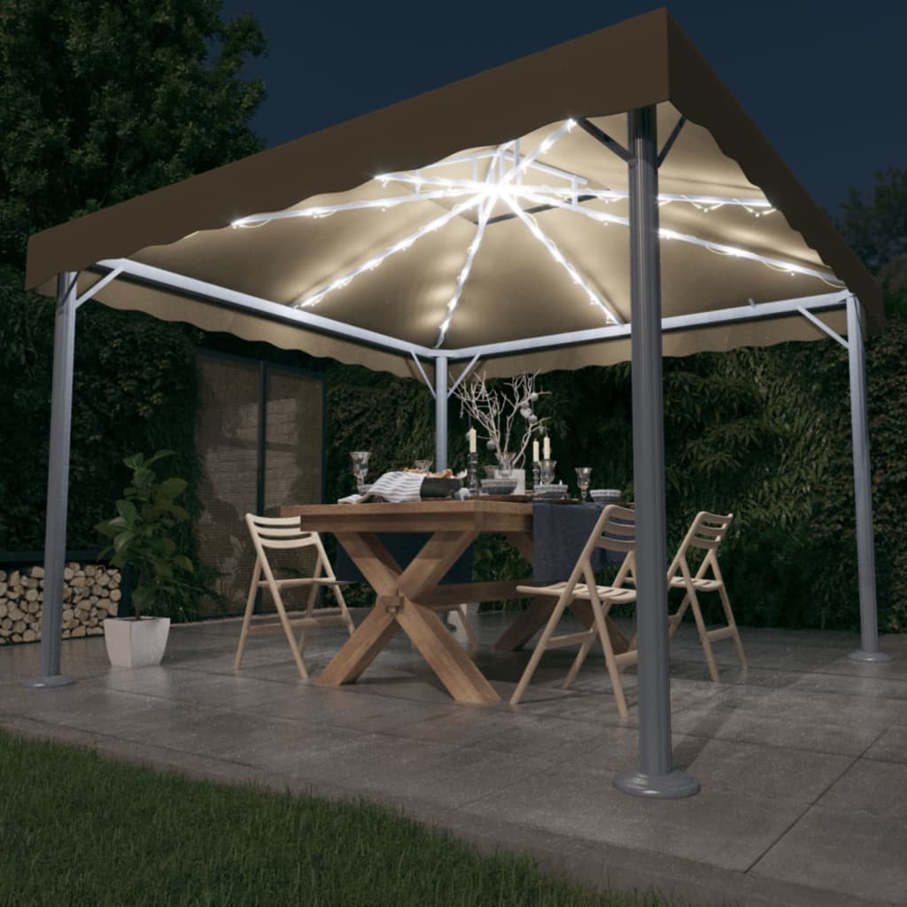 vidaXL pavillon med LED-lyskæder 300x300 cm aluminium gråbrun