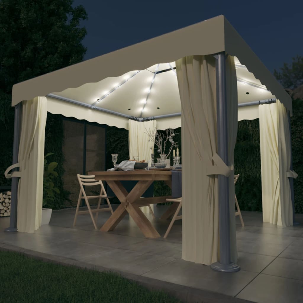 vidaXL Pavillon mit Vorhängen & LED-Lichterkette 3x3 m Cremeweiß