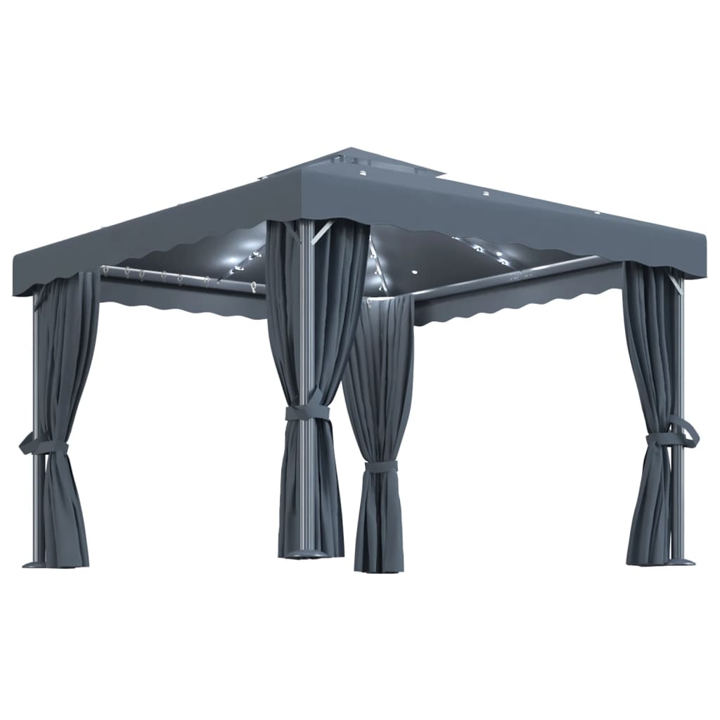 Gazebo with Curtain&LED String Lights 3×3 m Anthracite