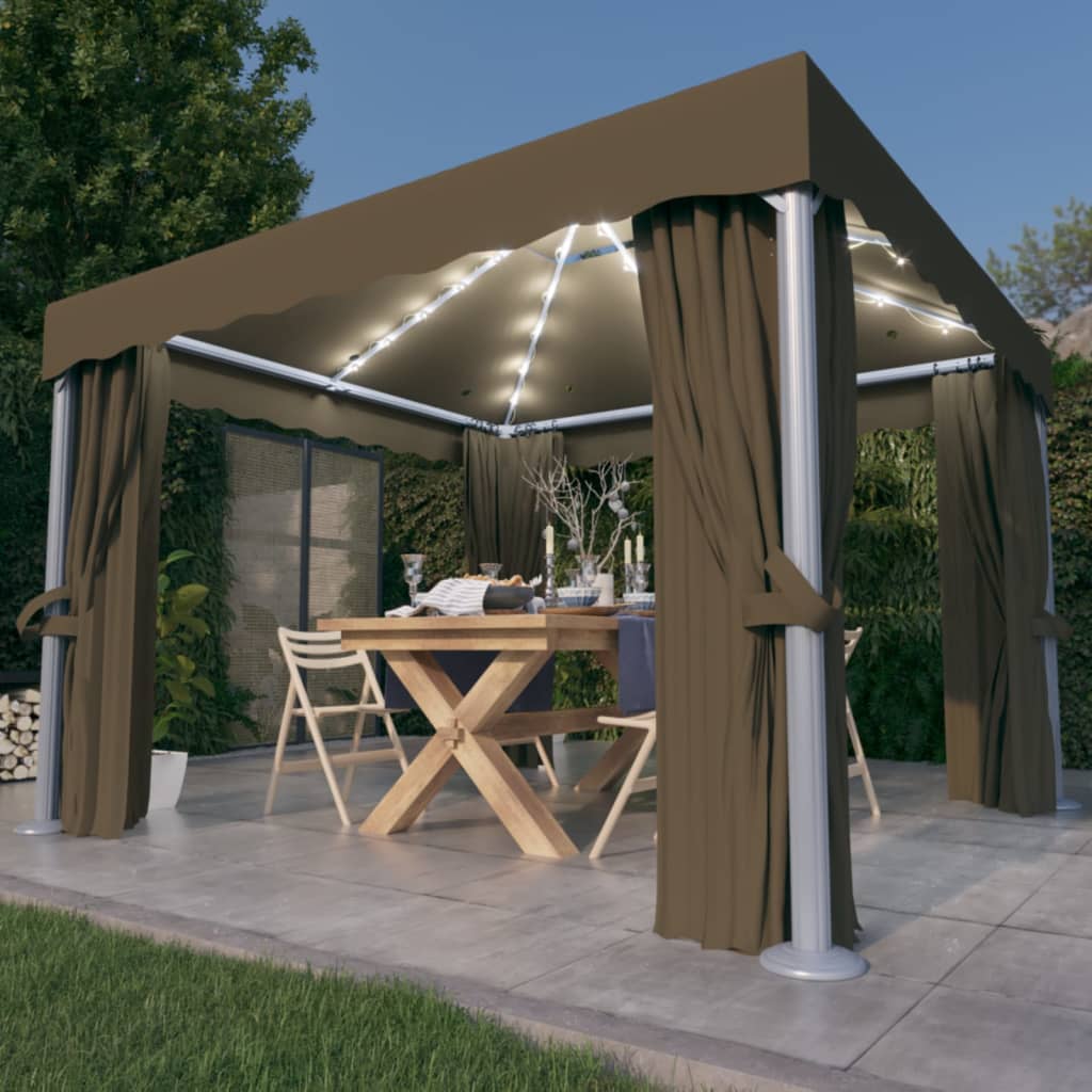 Gazebo with Curtain&LED String Lights 3×3 m Taupe