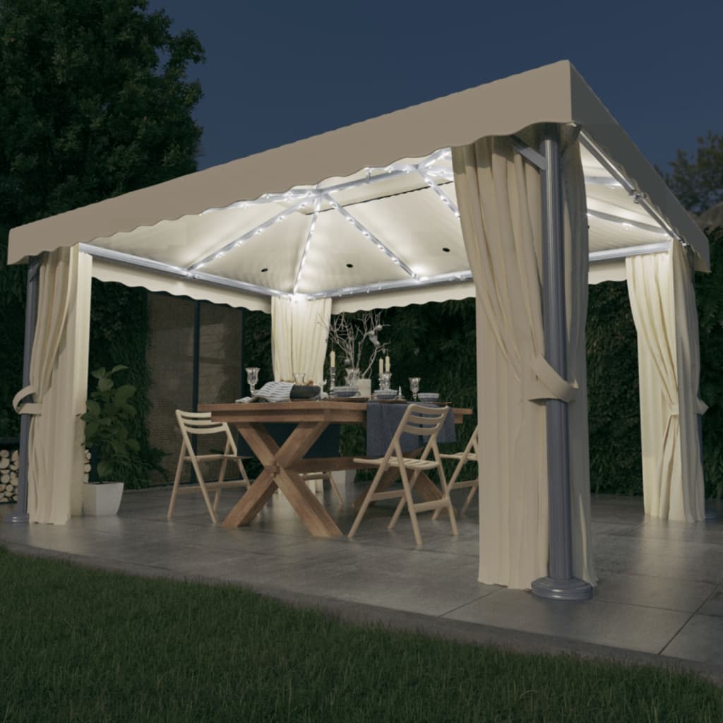 vidaXL Pavilion cu perdele & șiruri lumini LED, alb crem, 4x3 m