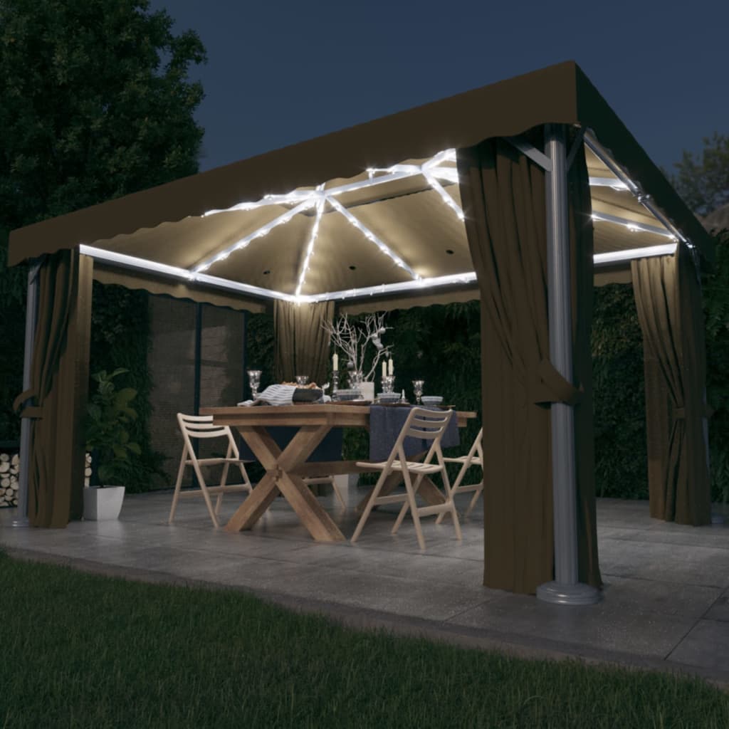 vidaXL Pavilion cu perdea & șir de lumini LED, gri taupe, 4×3 m 4x3