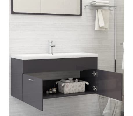 vidaXL Sink Cabinet with Built-in Basin High Gloss Grey Engineered Wood
