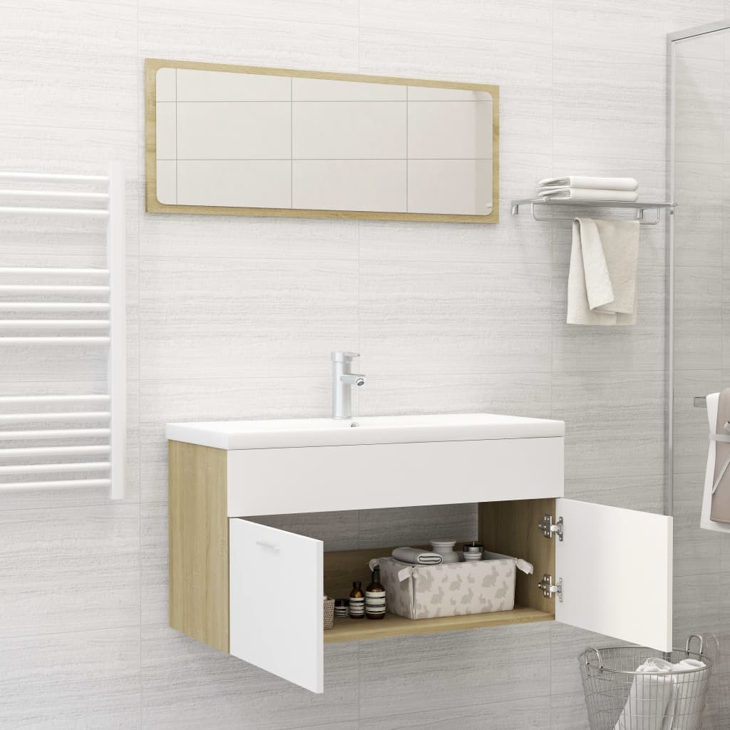 Fehér-sonoma színű forgácslap fürdőszobai bútorszett 
