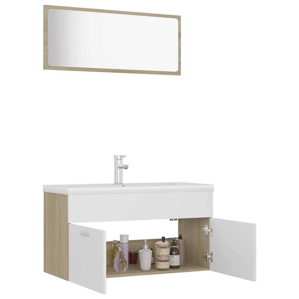 Fehér-sonoma színű forgácslap fürdőszobai bútorszett 