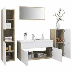 vidaXL Vonios kambario baldų komplektas, baltos ir ąžuolo spalvos, MDP