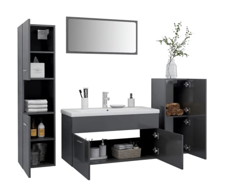 vidaXL Vonios kambario baldų komplektas, pilkas, MDP, ypač blizgus
