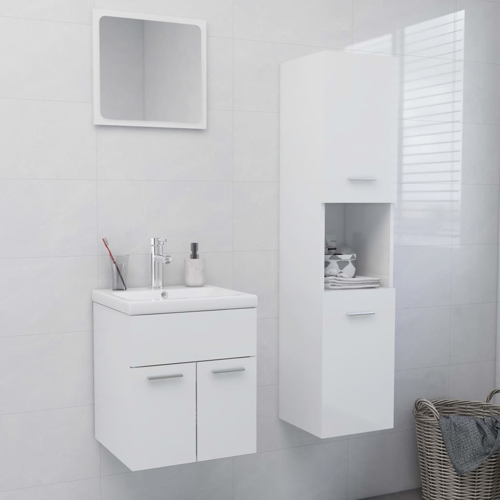 Magasfényű fehér forgácslap fürdőszobai bútorszett 