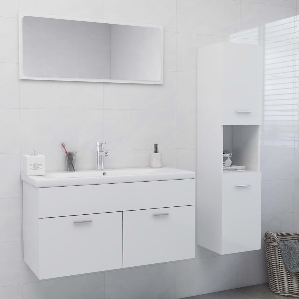 Magasfényű fehér forgácslap fürdőszobai bútorszett 