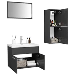 vidaXL Vonios kambario baldų komplektas, pilkos spalvos, MDP, blizgus