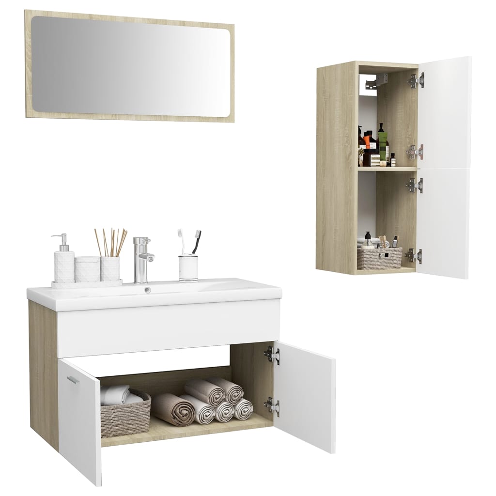 vidaXL Bathroom Furniture Set White and Sonoma Oak Engineered Wood