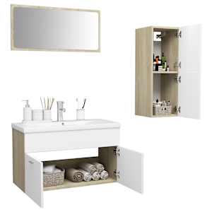 vidaXL Vonios kambario baldų komplektas, baltos ir ąžuolo spalvos, MDP