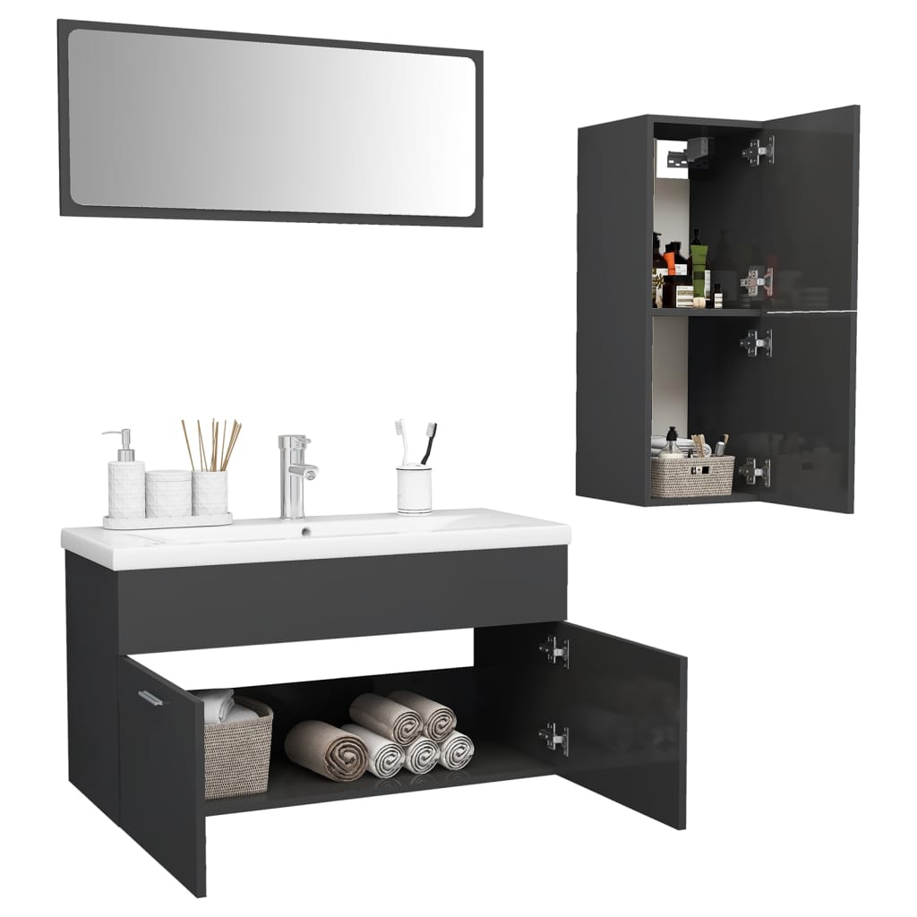 vidaXL Bathroom Furniture Set High Gloss Grey Engineered Wood