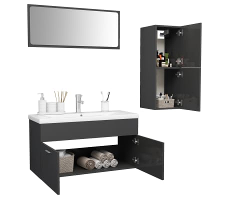 vidaXL Vonios kambario baldų komplektas, pilkas, MDP, ypač blizgus