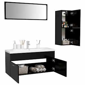 vidaXL Vonios kambario baldų komplektas, juodos spalvos, MDP