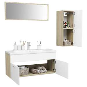 vidaXL Vonios kambario baldų komplektas, baltos ir ąžuolo spalvos, MDP