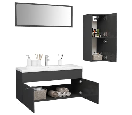 vidaXL Vonios kambario baldų komplektas, pilkas, MDP, ypač blizgus