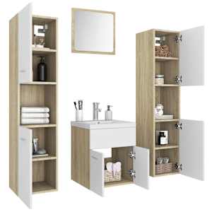 vidaXL Vonios kambario baldų komplektas, baltos ir ąžuolo spalvos, MDP