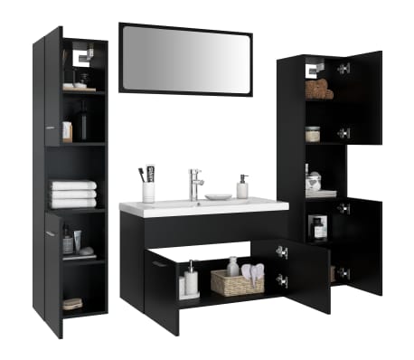 vidaXL Vonios kambario baldų komplektas, juodos spalvos, MDP