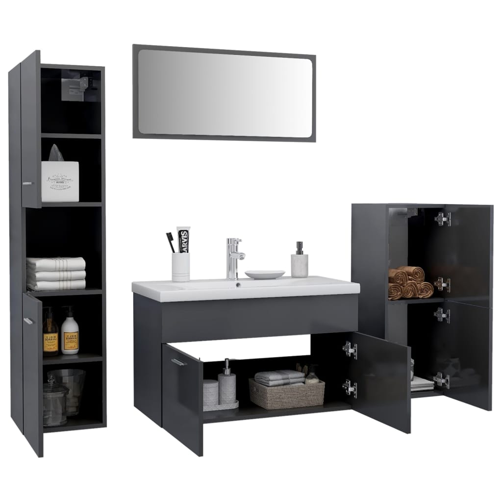 vidaXL Bathroom Furniture Set High Gloss Grey Engineered Wood