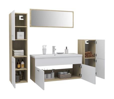 vidaXL Vonios kambario baldų komplektas, baltos ir ąžuolo spalvos, MDP