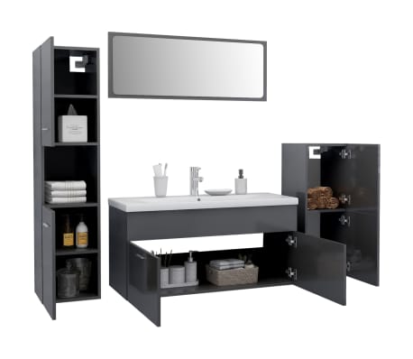 vidaXL Vonios kambario baldų komplektas, pilkas, MDP, ypač blizgus