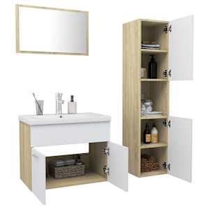 vidaXL Vonios kambario baldų komplektas, baltos ir ąžuolo spalvos, MDP