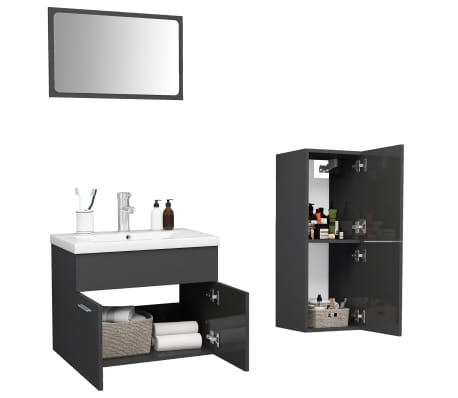 vidaXL Bathroom Furniture Set High Gloss Grey Engineered Wood
