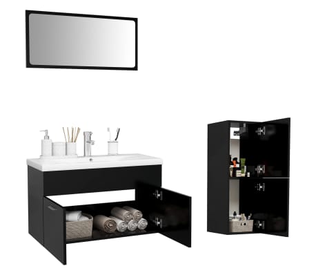 vidaXL Vonios kambario baldų komplektas, juodos spalvos, MDP