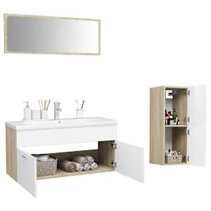 vidaXL Vonios kambario baldų komplektas, baltos ir ąžuolo spalvos, MDP