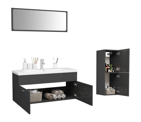 vidaXL Vonios kambario baldų komplektas, pilkas, MDP, ypač blizgus