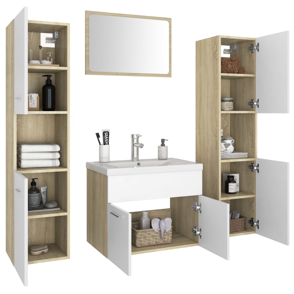 vidaXL Bathroom Furniture Set White and Sonoma Oak Engineered Wood